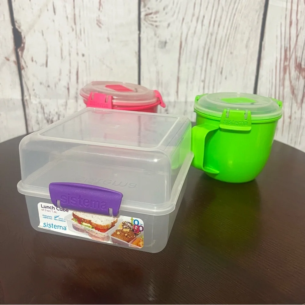 Sistema Food Storage containers. 2 soup 19 oz cups and 1 lunch cube